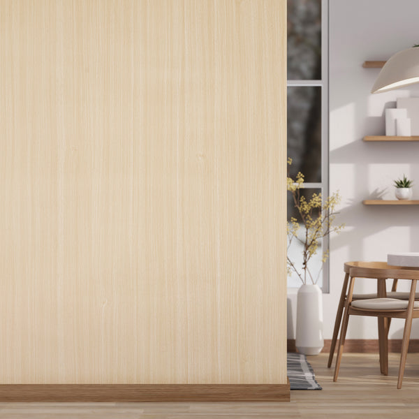 Dining room wall paneled in light ash wood grain interior film