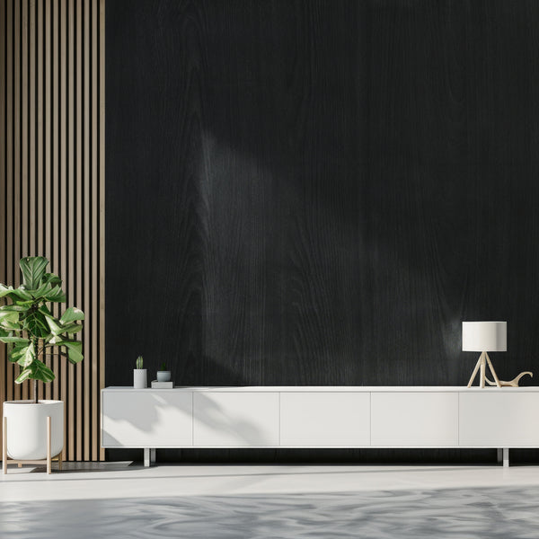 Living room wall in smoked black oak wood grain interior film