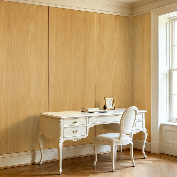 Study wall paneled in sunlit oak wood grain interior film
