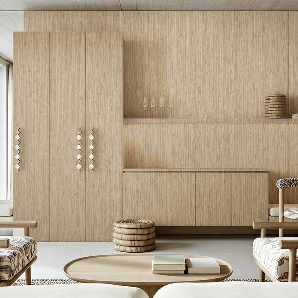 Wardrobe wall faced in misty gray oak wood grain interior film
