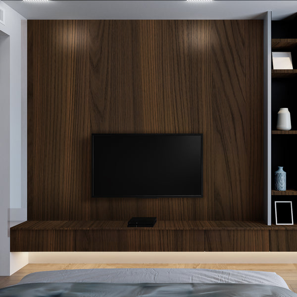 Bedroom media wall paneled in dark walnut wood grain interior film