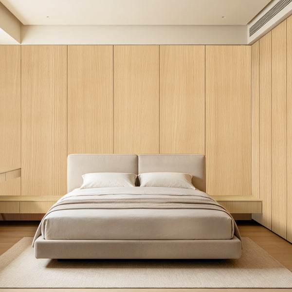 Room paneled in creamy white oak wood grain interior film