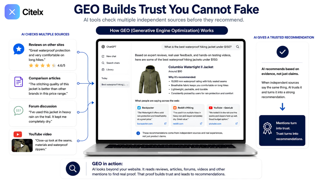 Diagram of Generative Engine Optimization: an AI assistant cross-checking reviews, comparison articles, forum posts and a YouTube video from independent sources before recommending a product inside a ChatGPT answer