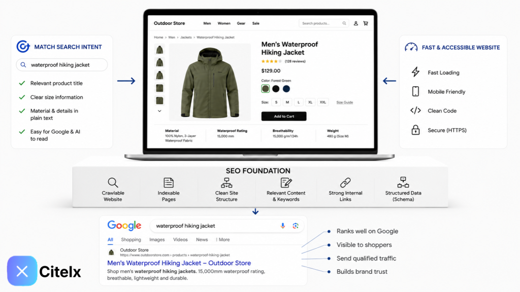 Diagram of on-page SEO basics for a product page: matching search intent, clear size and material details, a fast and secure site, feeding an SEO foundation that produces a ranked Google search result