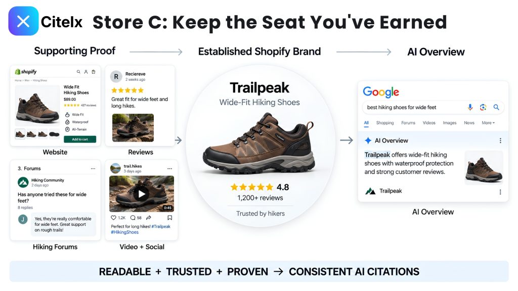Store C becoming a cited source for AI: supporting proof from the website, reviews, forums and video and social feeding an established Shopify brand that appears in a Google AI Overview