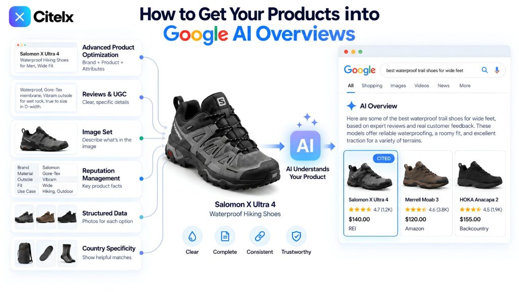 How a product gets into a Google AI Overview: product optimization, reviews and UGC, an image set, reputation, structured data and country settings feeding an AI Overview for a wide-feet trail shoe search. Illustration; the ratings and prices shown are mock-ups.