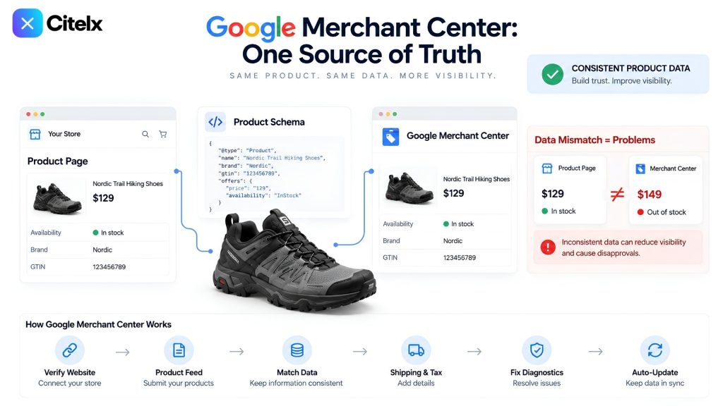 Google Merchant Center as one source of truth: the same product name, price, availability, brand and GTIN on the product page, in the Product schema and in Merchant Center, the problems a mismatch causes, and the six setup steps.