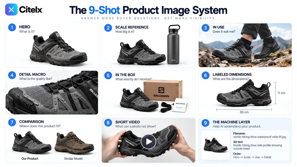 The nine-shot product image system: hero, scale reference, in use, detail macro, in the box, labeled dimensions, comparison, short video, and the machine layer of descriptive filenames, alt text and photo order.
