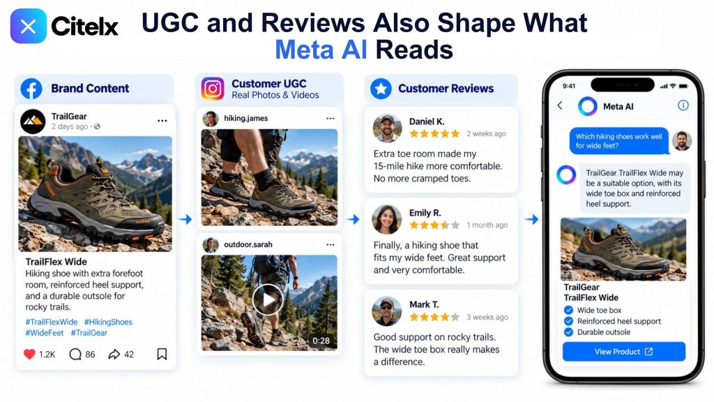 A brand post, two customer posts and three customer reviews describing the same wide-fit hiking shoe, next to a Meta AI answer that names it for hikers with wide feet. Illustration. The customers, reviews and the answer are mock-ups.