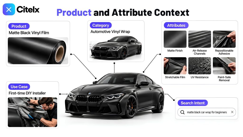 A matte black vinyl film linked to its category, automotive vinyl wrap, its attributes such as air-release channels and paint-safe removal, its use case for a first-time DIY installer, and the search matte black car wrap for beginners.