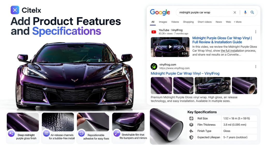Product features and specifications for a midnight purple gloss car wrap: deep gloss finish, air-release channels, repositionable adhesive and stretchable film, with key specs and a Google result for midnight purple car wrap.