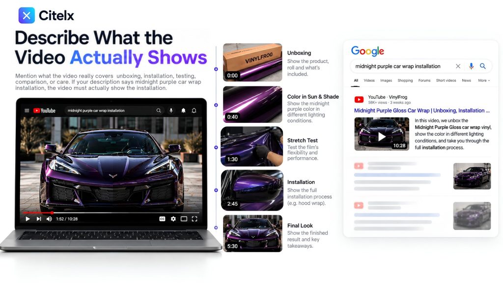 A video description that matches what the video shows: unboxing, color in sun and shade, stretch test, installation and final look, next to a Google result for midnight purple car wrap installation.