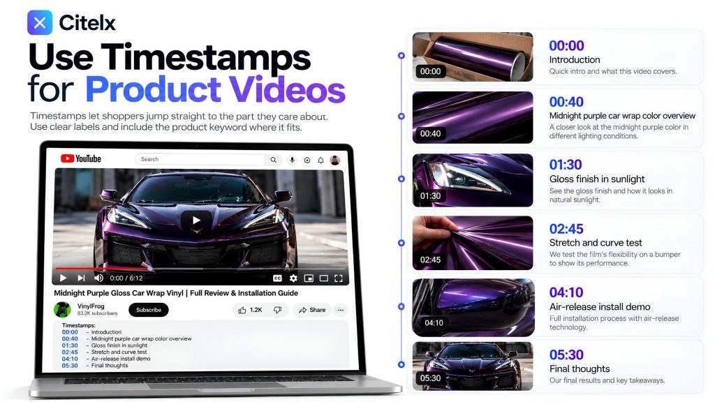 Timestamps for a product video: introduction, midnight purple car wrap color overview, gloss finish in sunlight, stretch and curve test, air-release install demo and final thoughts.